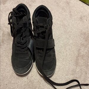 Women's Black High-Top Lace-Up Sneakers with Midfoot Strap unique charcoal color